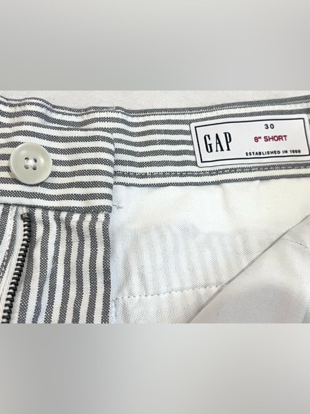 GAP Women’s Men’s Unisex Gray & White Striped 8” Cotton Shorts Size 30 w Pockets - Picture 11 of 16